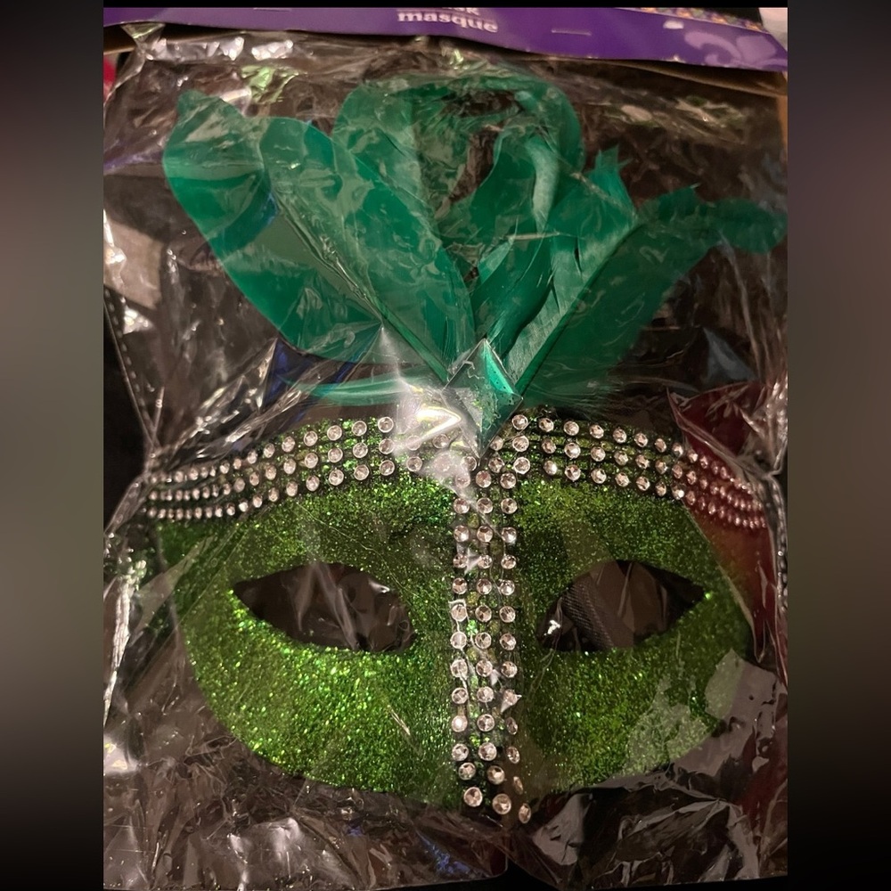 Halloween Green Feathered Masquerade Mask Halloween Costume Rhinestone Accessory